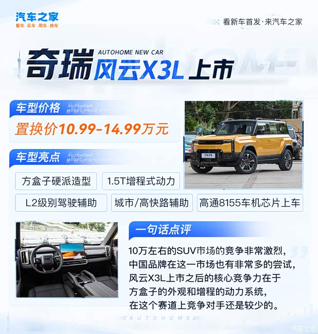 方盒子奇瑞风云X3L上市 置换价10.99万起 增程动力纯电续航215km