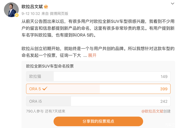 或命名“ORA 5”！欧拉汽车发起首款纯电SUV命名投票！